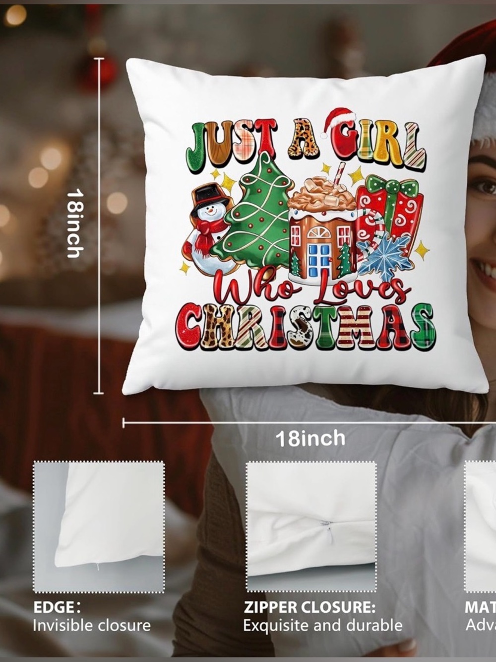 Just a Girl Who Loves Christmas Pillow Covers Set of 2 18x18 🌲🧑‍🎄 - Picture 3 of 9